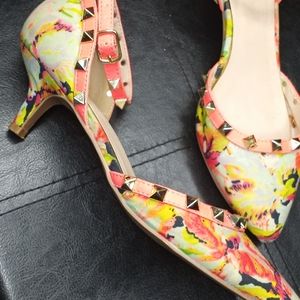 Qupid floral ankle strap kitty heels